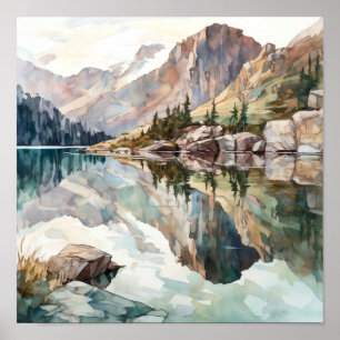Mountain Lake Watercolor Painting Art Print