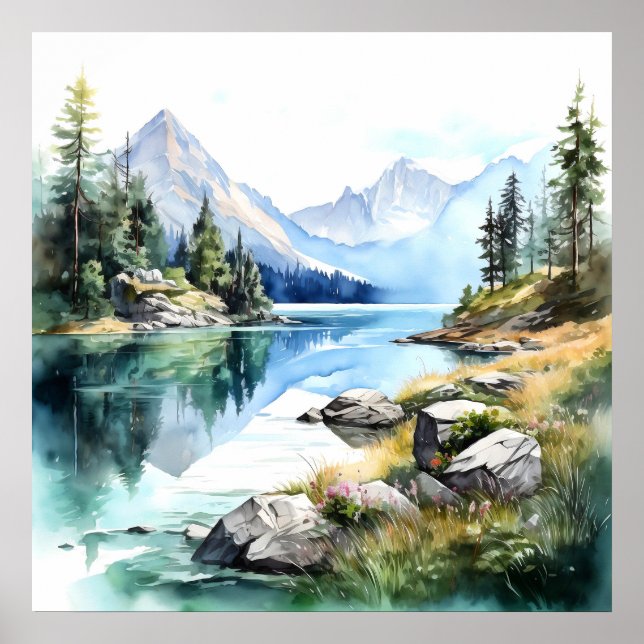  Mountain Lake Watercolor Painting Art Print (Front)
