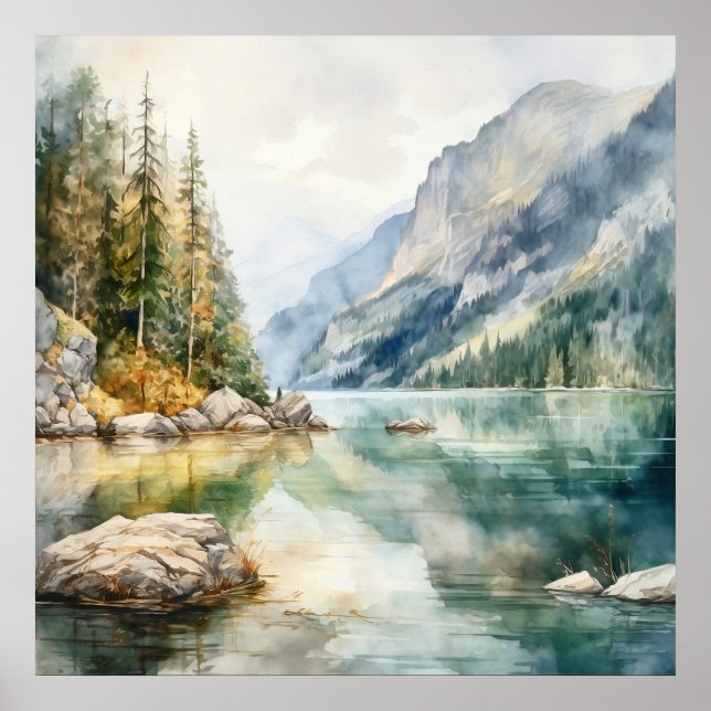  Mountain Lake Watercolor Painting Art Print (Front)