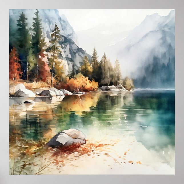  Mountain Lake Watercolor Painting Art Print (Front)