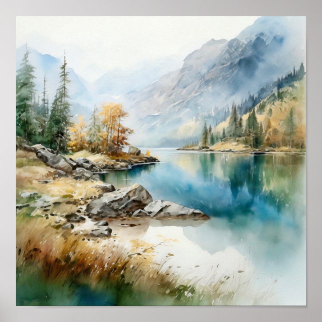  Mountain Lake Watercolor Painting Art Print (Front)