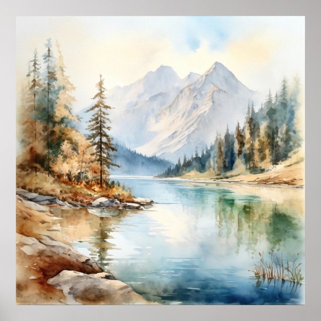  Mountain Lake Watercolor Painting Art Print (Front)