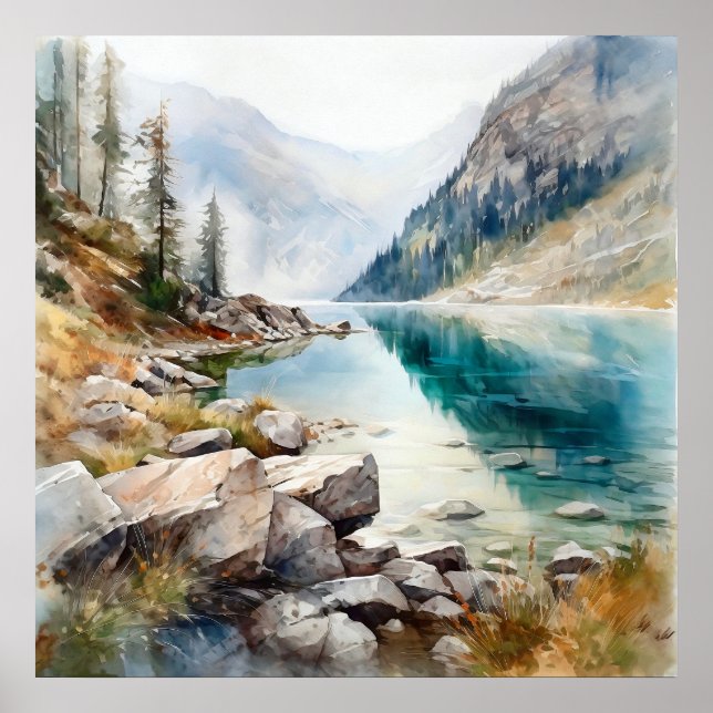  Mountain Lake Watercolor Painting Art Print (Front)