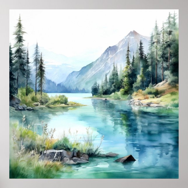  Mountain Lake Watercolor Painting Art Print (Front)