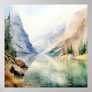  Mountain Lake Watercolor Painting Art Print