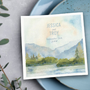 Mountain Lake Watercolor Personalised Wedding Napkin