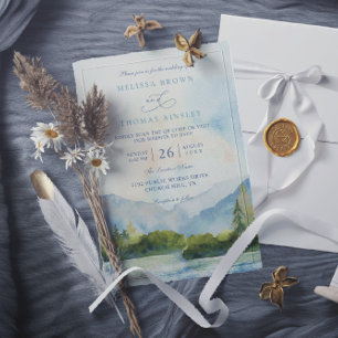 Mountain Lake Watercolor Pine Tree QR Code Wedding Invitation