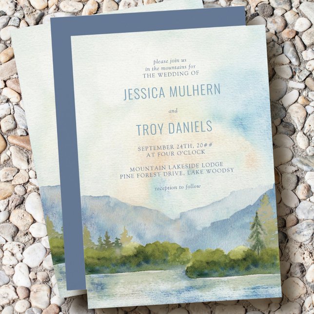 Mountain Lake Watercolor Pine Tree Wedding Invitation (Creator Uploaded)