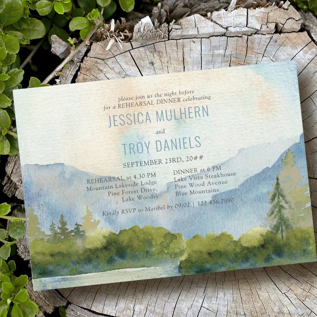 Mountain Lake Watercolor Wedding Rehearsal Dinner Invitation (Creator Uploaded)