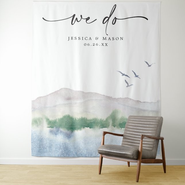 Mountain Lake Wedding Backdrop Photo Booth Tapestry (In Situ)