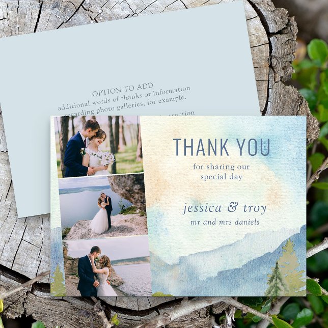 Mountain Lake Wedding Photo Strip Thank You Card (Mountain wedding 3 photo thank you card with watercolor scenic background)
