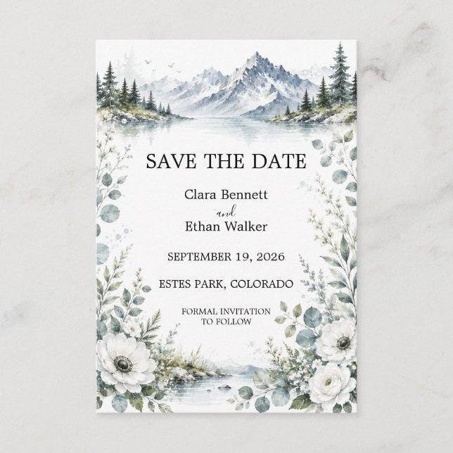 Mountain Lake Wedding Save the Date Card (Front)