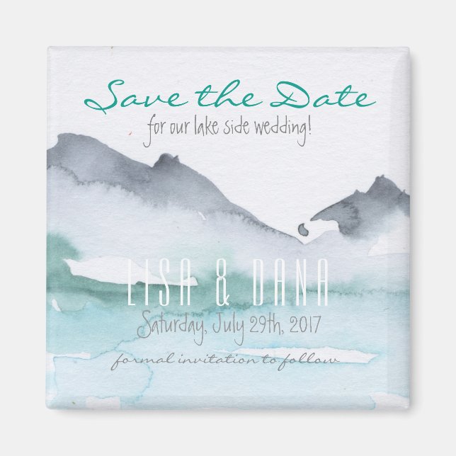 Mountain Lake Wedding Save the Date Square Magnet (Front)