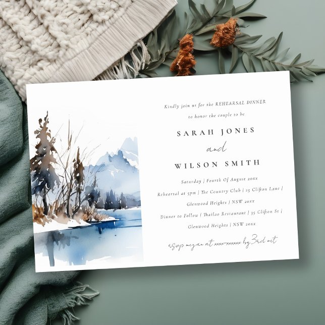 Mountain Lake Winter Landscape Rehearsal Dinner Invitation (Creator Uploaded)