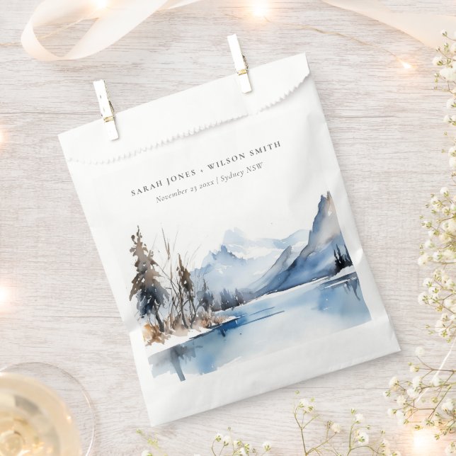 Mountain Lake Winter Snow Landscape Wedding Favour Bags (Clipped)