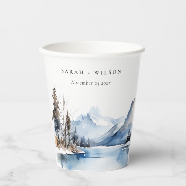 Mountain Lake Winter Snow Landscape Wedding Paper Cups (Front)