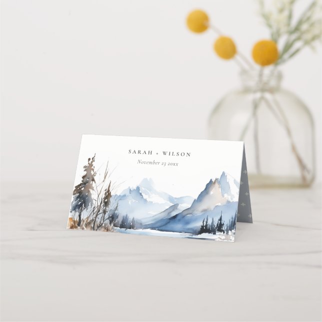 Mountain Lake Winter Snow Landscape Wedding Place Card (Front)
