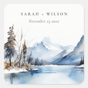 Mountain Lake Winter Snow Landscape Wedding Square Sticker