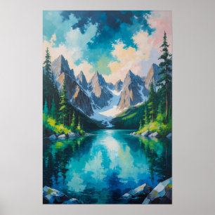 Mountain Lake with Pine Forest Reflection Scenic Poster