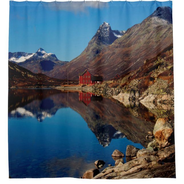 Mountain lake with red house shower curtain (Front)