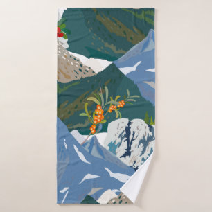 Mountain landscape and wild berry. Seamless vintag Bath Towel