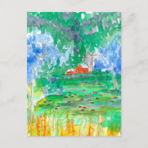 Mountain Landscape Cows Red Barn We've Moved Postcard