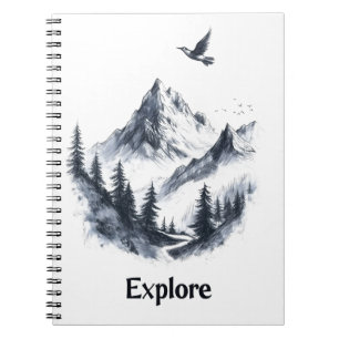 Mountain Landscape Drawing with Flying Bird Notebook