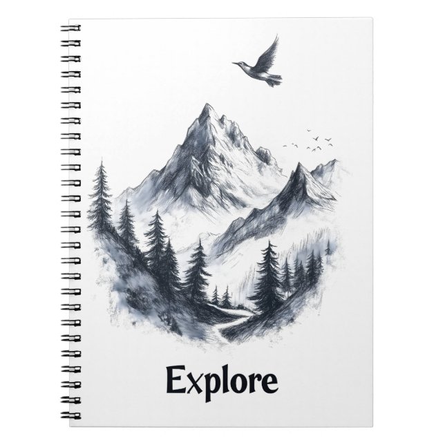 Mountain Landscape Drawing with Flying Bird Notebook (Front)