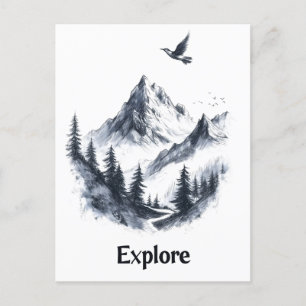 Mountain Landscape Drawing with Flying Bird Postcard