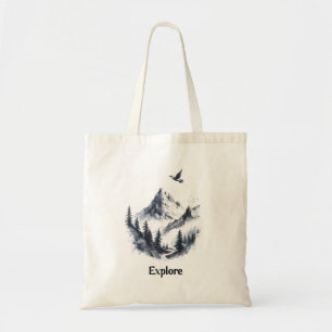 Mountain Landscape Drawing with Flying Bird Tote Bag