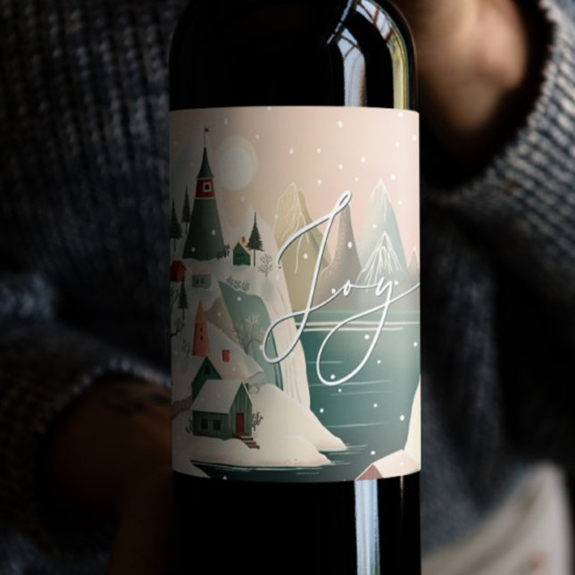Mountain Landscape | Joy Christmas Holiday Party Wine Label (Creator Uploaded)