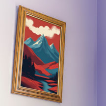 Mountain Landscape Red Blue Retro Illustration