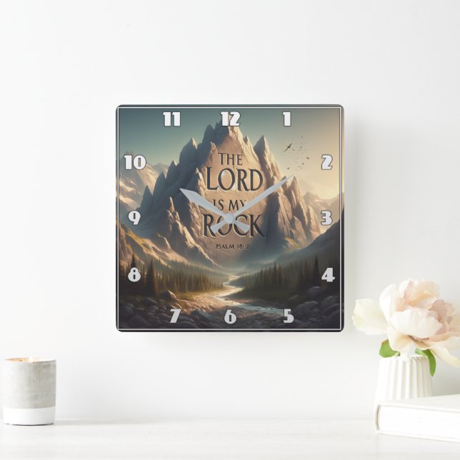 Mountain Landscape THE LORD IS MY ROCK PSALM 18:2 Square Wall Clock (Home)