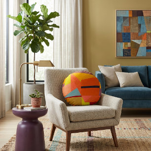 Mountain Landscape Warm Abstract Vintage Geometri Round Cushion