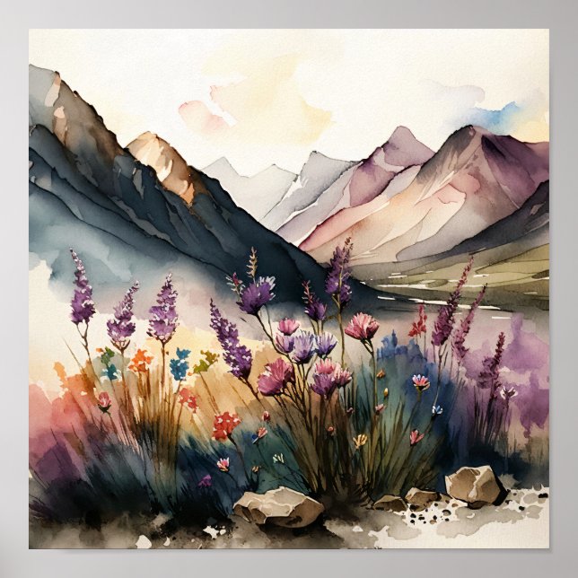Mountain Landscape with Wildflowers Watercolor Poster (Front)