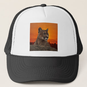 Mountain lion at sunset trucker hat