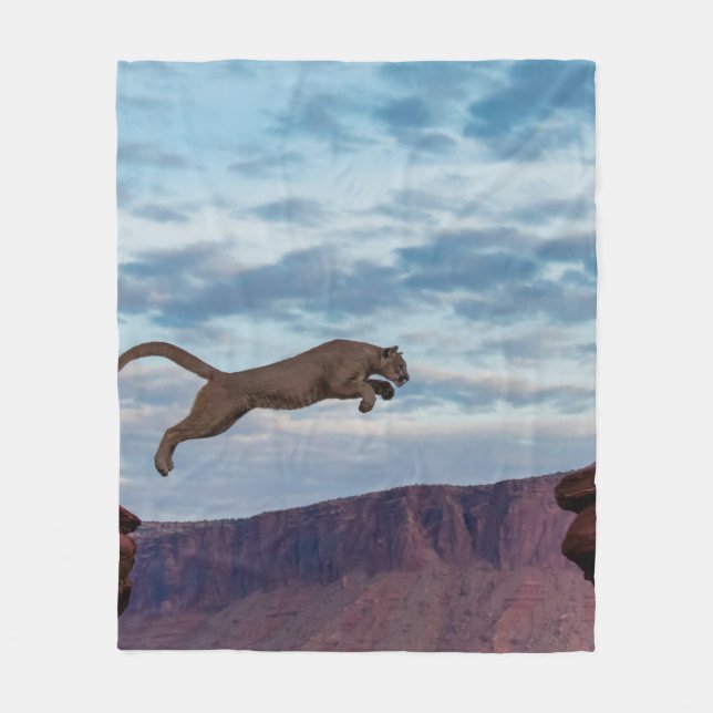 Mountain Lion Jumping Morning Skyjump,lion,animal, Fleece Blanket (Front)