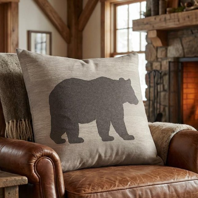 Mountain Lodge Bear Silhouette Throw Pillow (bear silhouette throw pillow for mountain cabin)