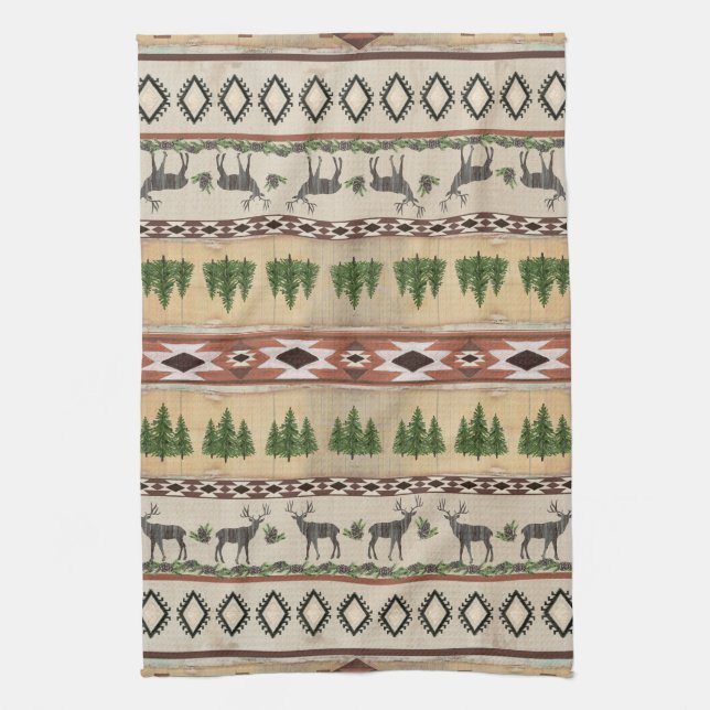 Mountain Lodge Rustic Wood Forest Deer Tribal Art Tea Towel (Vertical)