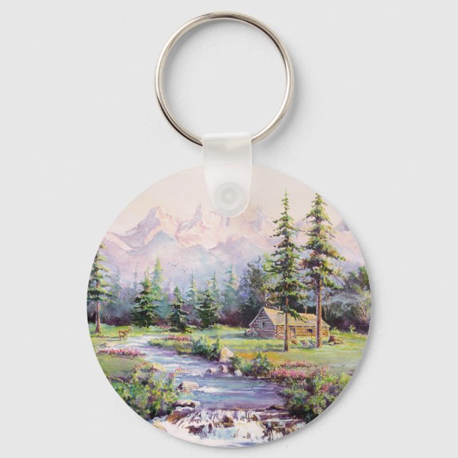 MOUNTAIN LOG CABIN by SHARON SHARPE Key Ring (Front)