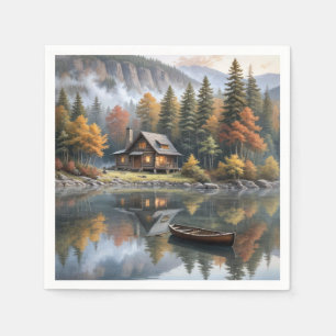 Mountain Log Cabin With Rowboat On a Lake Napkin