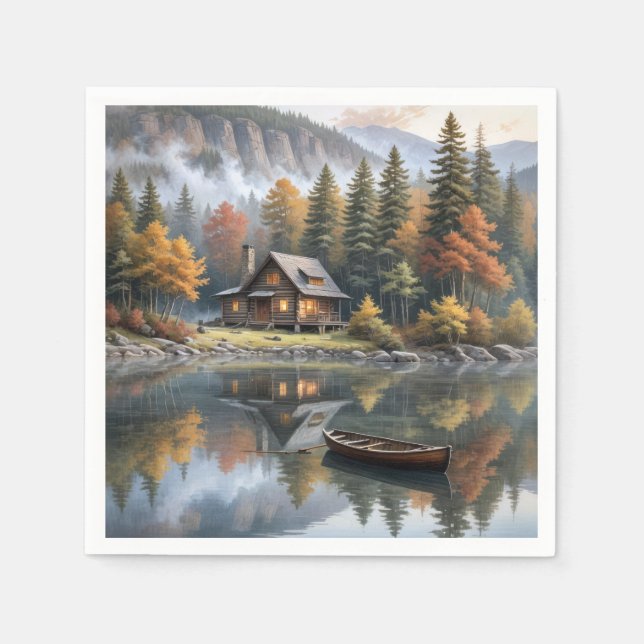 Mountain Log Cabin With Rowboat On a Lake Napkin (Front)
