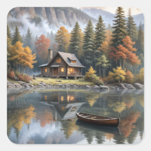 Mountain Log Cabin With Rowboat On a Lake Square Sticker