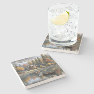 Mountain Log Cabin With Rowboat On a Lake Stone Coaster