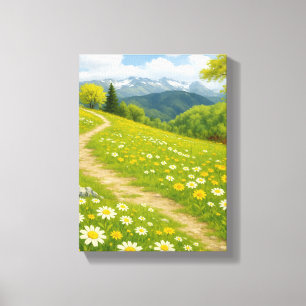 Mountain Meadow Path with Spring Daisies Art Canvas Print