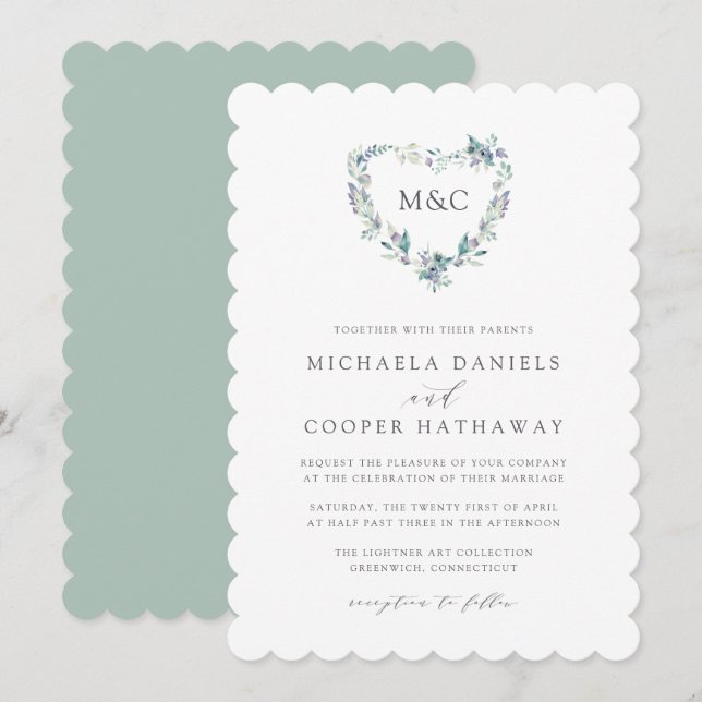Mountain Meadow Watercolor Heart Monogram Wedding Invitation (Front/Back)