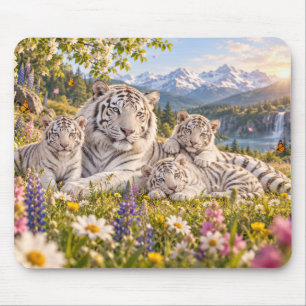 Mountain Meadow White Tiger Family Design Mouse Mat