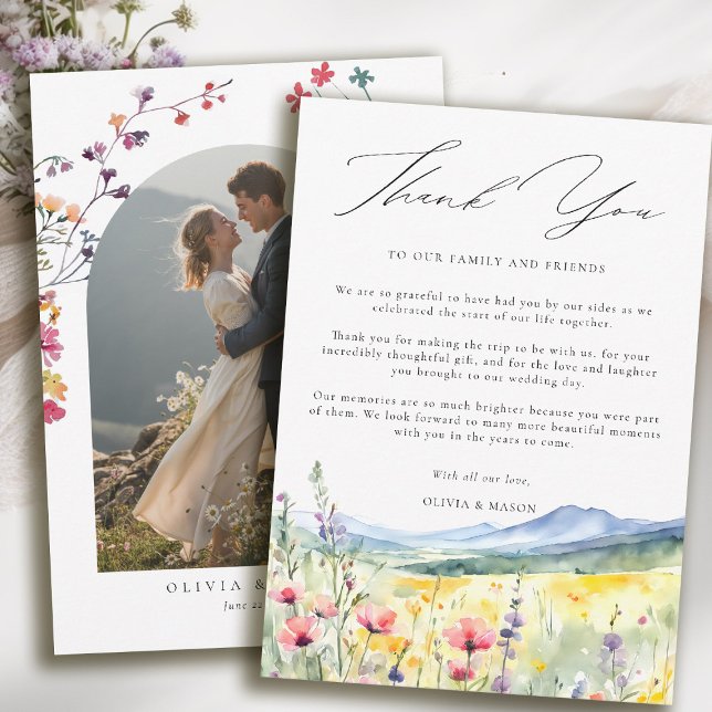Mountain Meadow Wildflowers Modern Boho Wedding Thank You Card (mountain wedding thank you boho arch photo wildflowers meadow floral watercolor modern calligraphy )