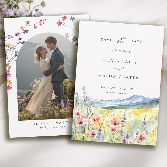 Mountain Meadow Wildflowers Modern Photo Wedding Save The Date (mountain wedding save the date boho arch photo wildflowers meadow floral watercolor modern)