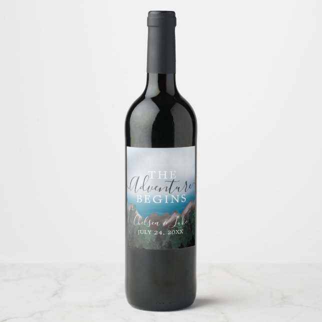 Mountain Meets Ocean The Adventure Begins Wedding Wine Label (Front)